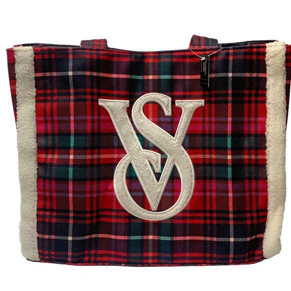 Victorias Secret Tartan Plaid‎ Fleece Trim Monogrammed Holiday Themed Tote - Picture 6 of 9